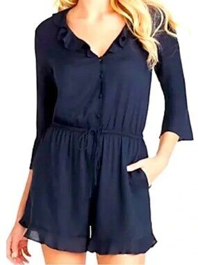 Jessica Simpson XL Navy Romper Tie Waist Ruffle Trim EUC